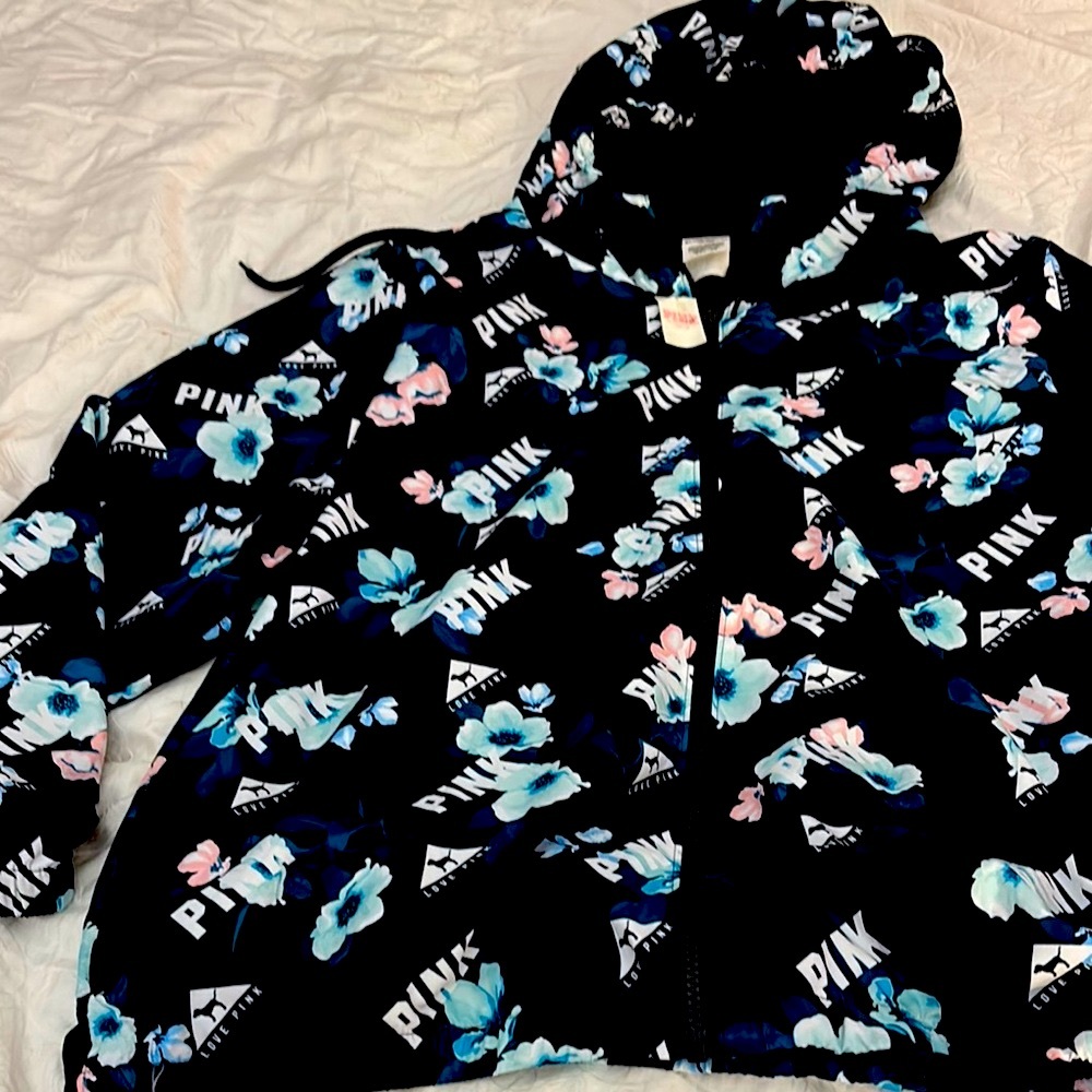 PINK Victoria's Secret Black and Blue Floral Hooded Raincoat